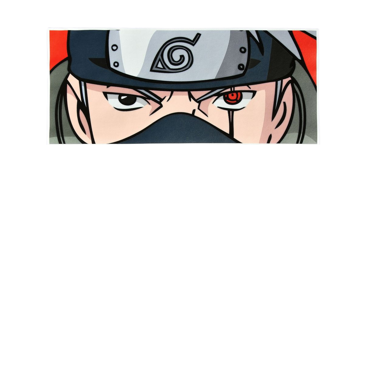 Close-up of Kakashi Hatake  wearing a headband with a symbol on a white background