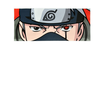 Close-up of Kakashi Hatake  wearing a headband with a symbol on a white background