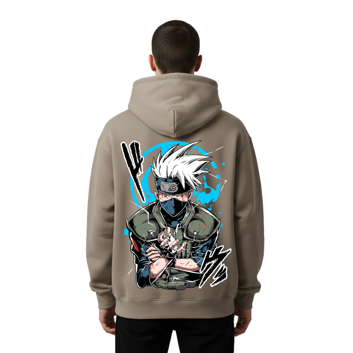 Person wearing a hoodie with a graphic design of kakashi on the back against a white background