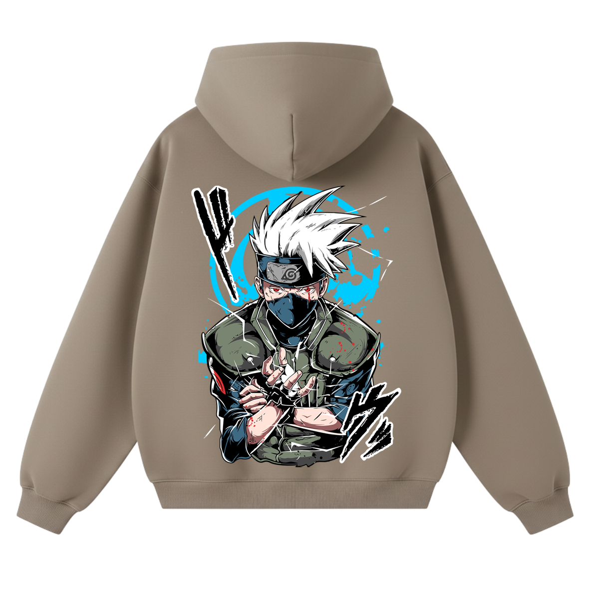Brown hoodie with a kakashi design on the back against a white background