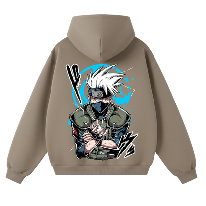 Brown hoodie with a kakashi design on the back against a white background