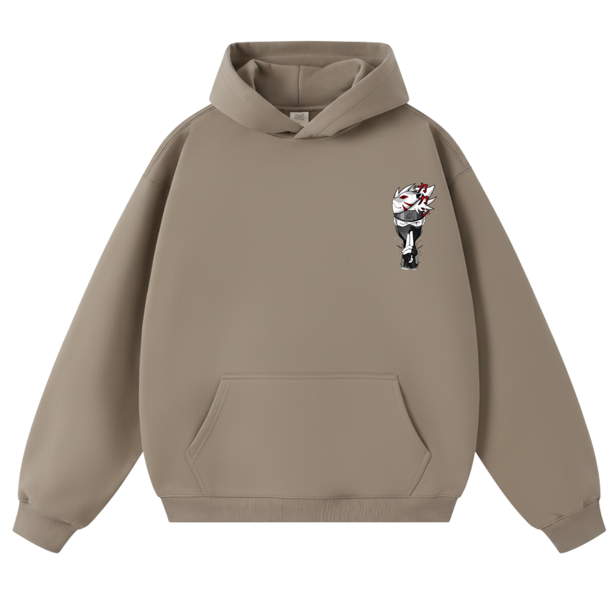 brown hoodie with a graphic design of kakashi on the chest against a white background
