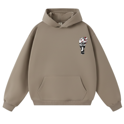 brown hoodie with a graphic design of kakashi on the chest against a white background