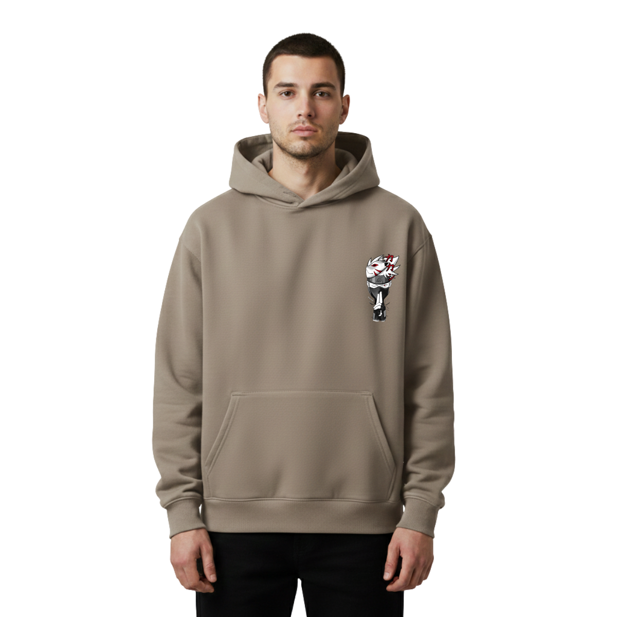 Man wearing a brown hoodie with a graphic design of kakashi hatake on a white background