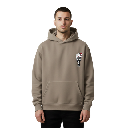 Man wearing a brown hoodie with a graphic design of kakashi hatake on a white background