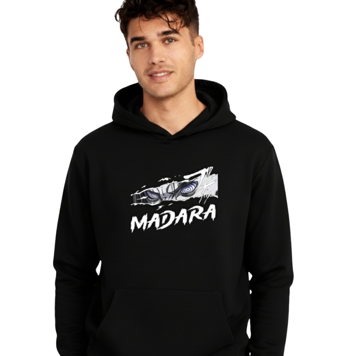 Madara Uchiha Hoodie featuring stylized eyes and bold Madara text on black cotton hoodie