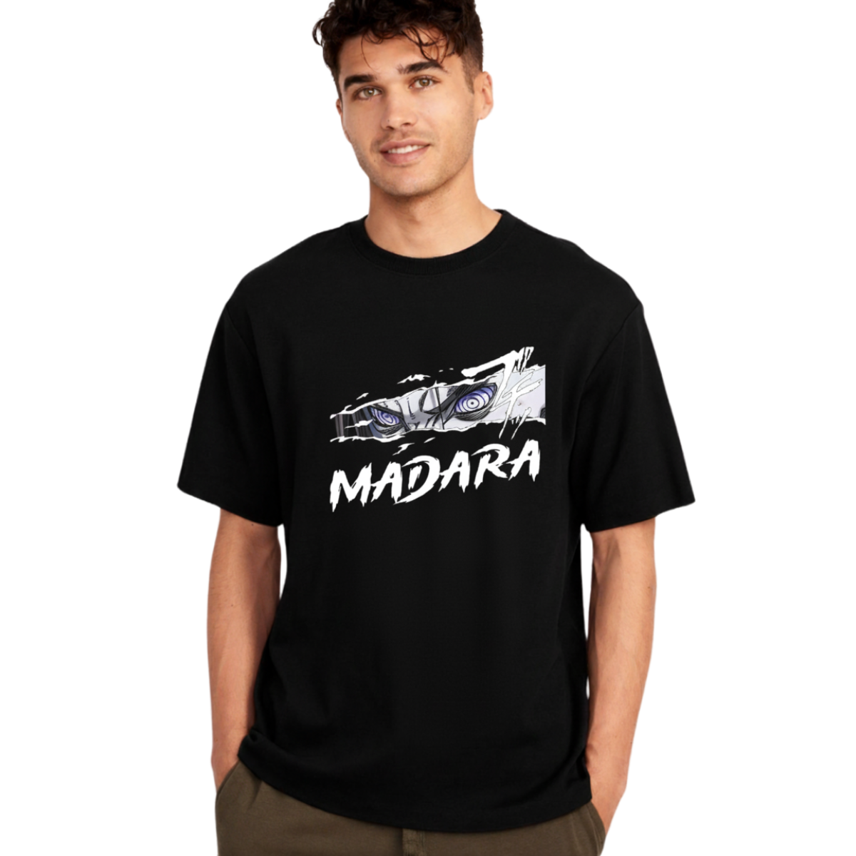 Black Madara Uchicha T-Shirt featuring intense eyes graphic and bold text worn by male model