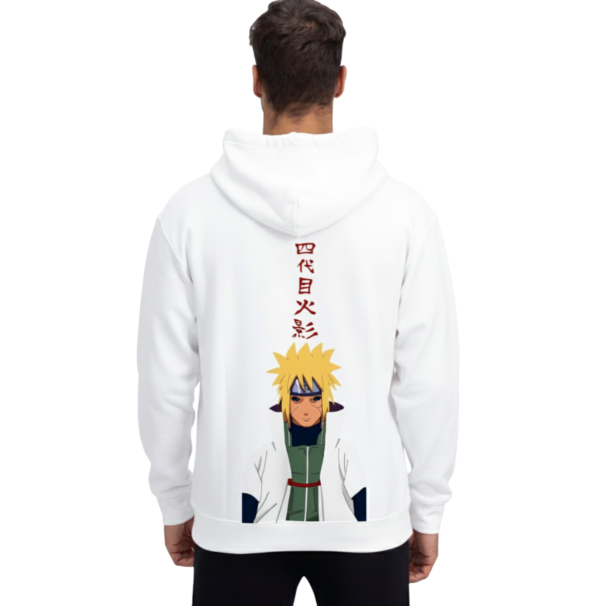 White Minato Namikaze 4th Hokage Hoodie with anime character and Japanese text on back