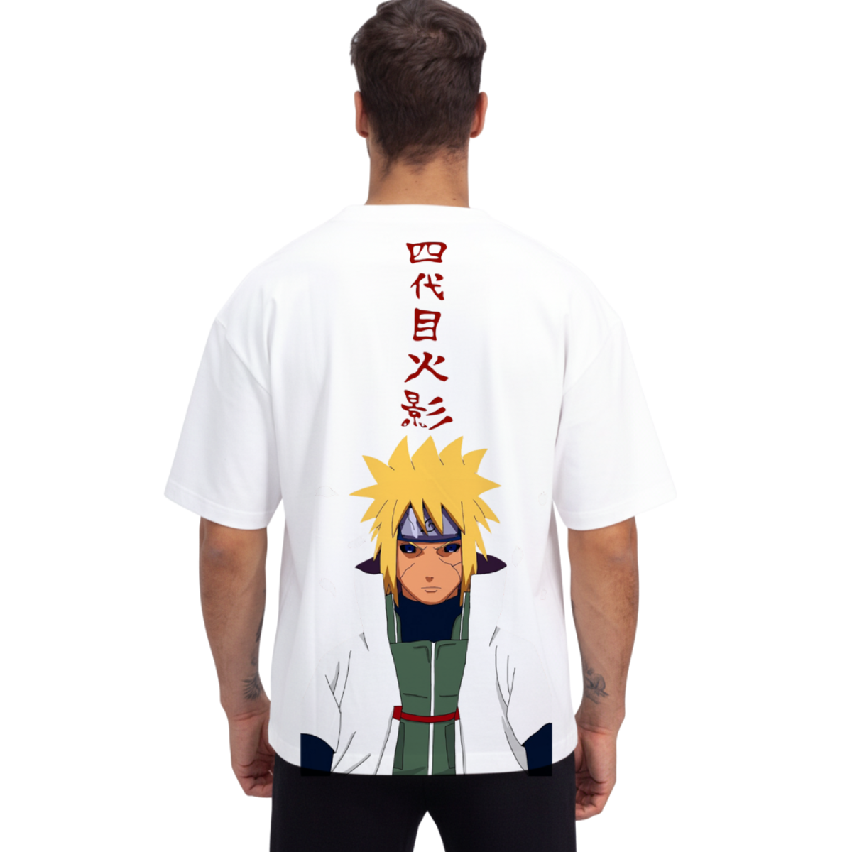 Minato Namikaze T-Shirt white streetwear featuring anime character with yellow hair and Japanese text on back
