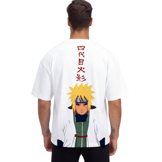 Minato Namikaze T-Shirt white streetwear featuring anime character with yellow hair and Japanese text on back
