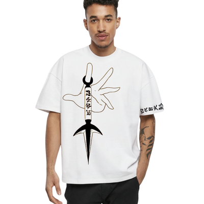 Man wearing white Minato Namikaze T-Shirt with black hand and kunai graphic and Japanese text on sleeve