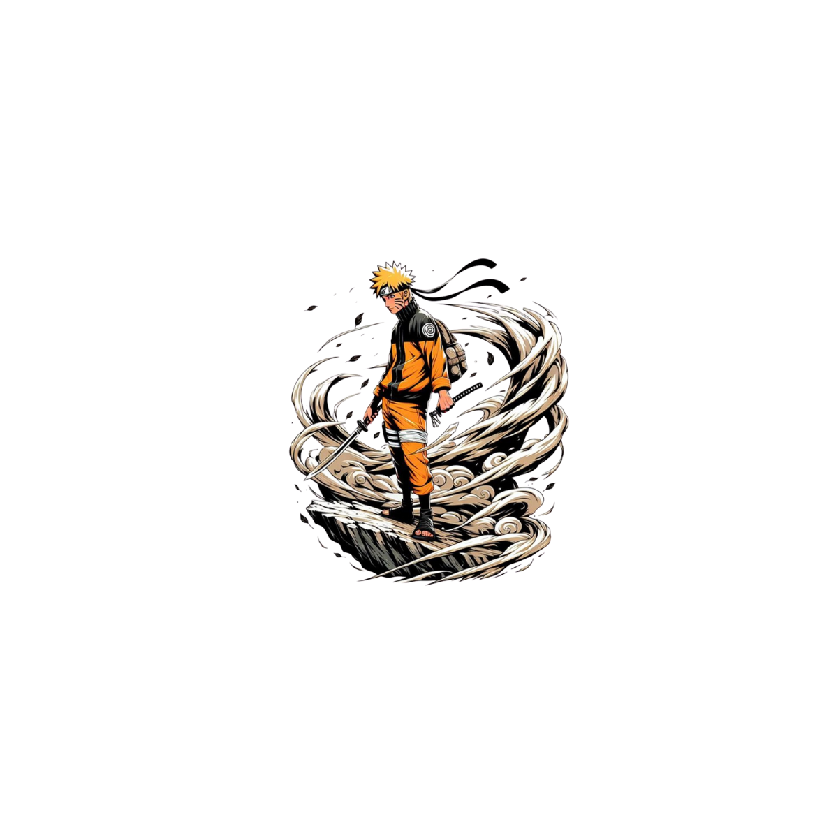 Naruto Uzumaki  in an orange outfit with a swirling design on a white background