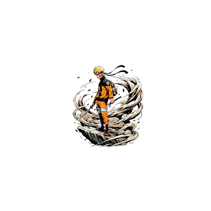 Naruto Uzumaki  in an orange outfit with a swirling design on a white background