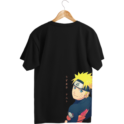 Black Naruto t-shirt with Naruto on a hanger against a Black background