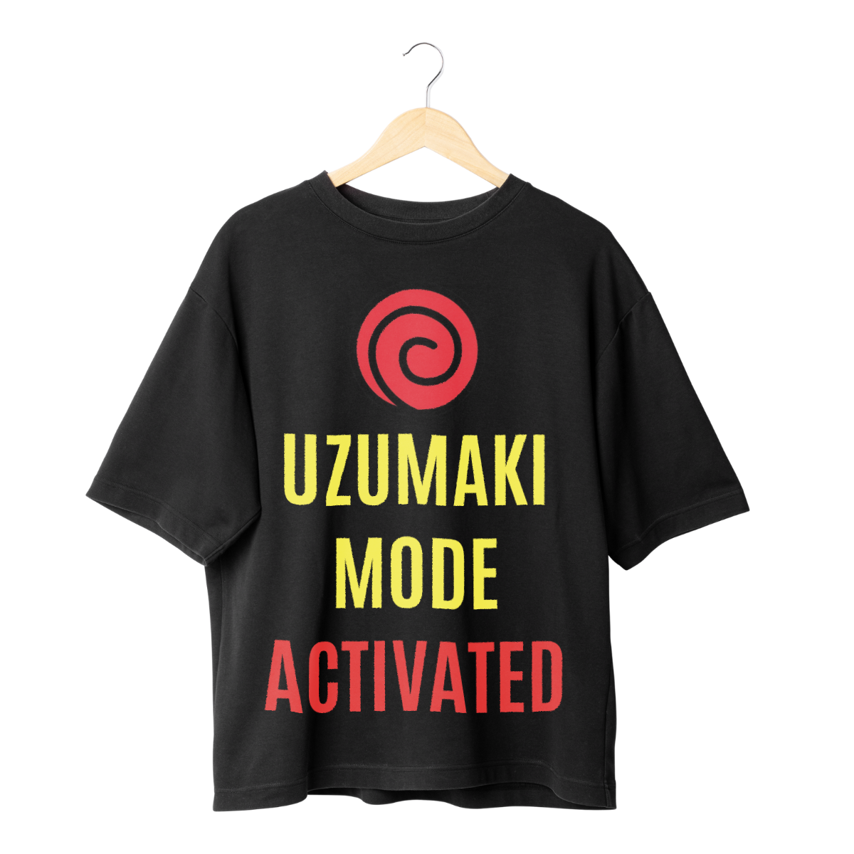 Black t-shirt with 'Uzumaki Mode Activated' text and red spiral logo on a hanger.