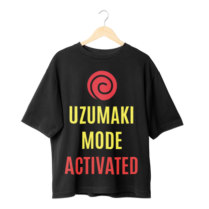 Black t-shirt with 'Uzumaki Mode Activated' text and red spiral logo on a hanger.