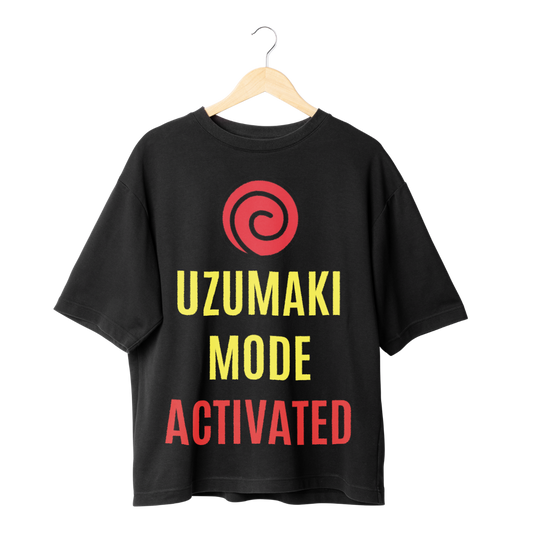 Black t-shirt with 'Uzumaki Mode Activated' text and red spiral logo on a hanger.