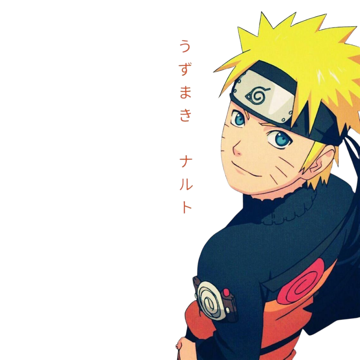 Naruto with spiky yellow hair and headband on a white background