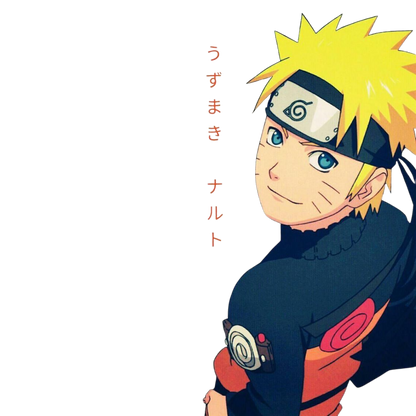 Naruto with spiky yellow hair and headband on a white background