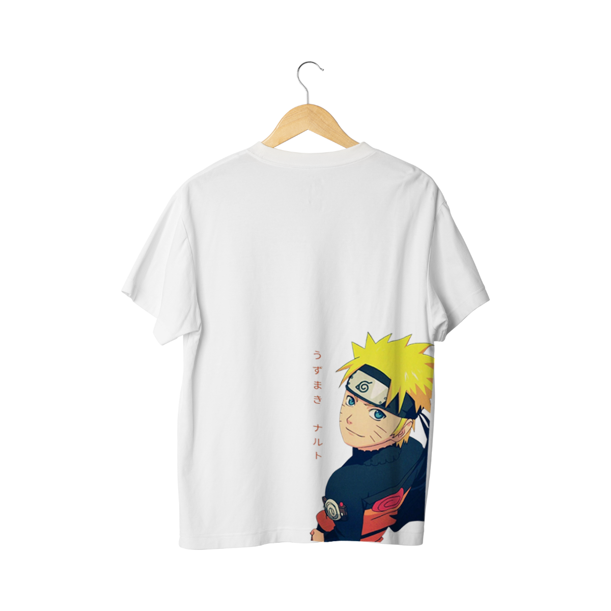 White t-shirt with Naruto design on a hanger against a white background