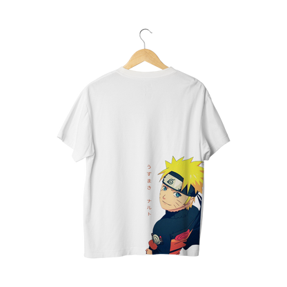 White t-shirt with Naruto design on a hanger against a white background