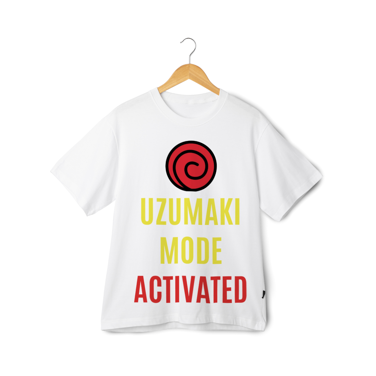 White t-shirt with 'Uzumaki Mode Activated' text and red circle design on a hanger against a white background