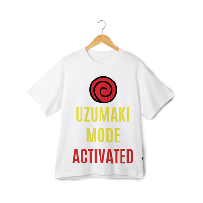 White t-shirt with 'Uzumaki Mode Activated' text and red circle design on a hanger against a white background