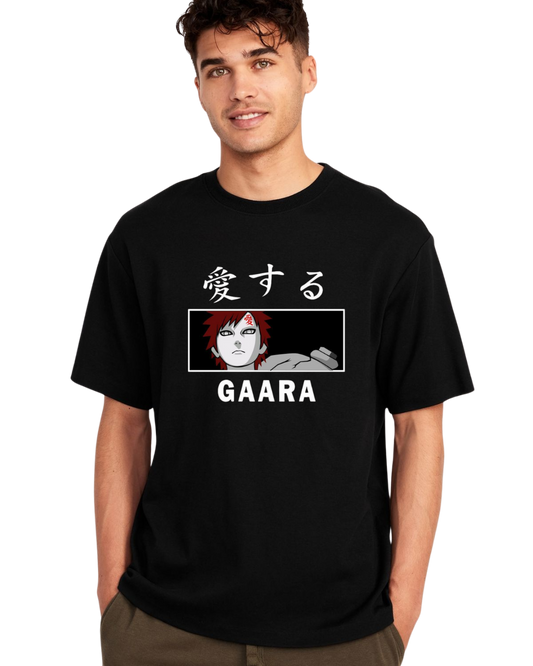 Man wearing black Gaara Naruto merch t-shirt featuring character illustration and Japanese text