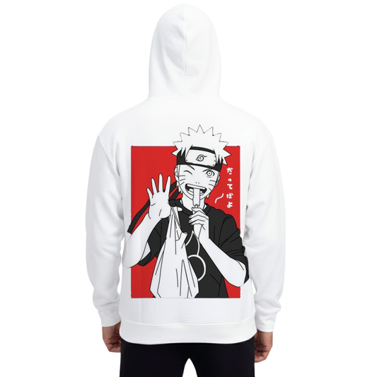 White hoodie featuring Naruto Uzumaki anime graphic with red background, Nauto Uzumaki Hoodie