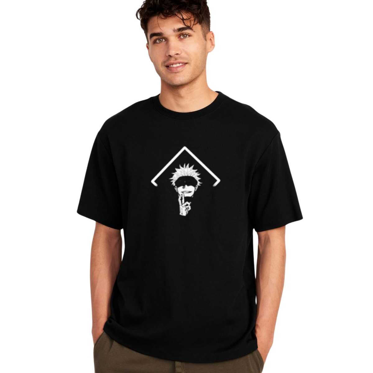 Man wearing a Goju Saturo black t-shirt with a white graphic design on a white background