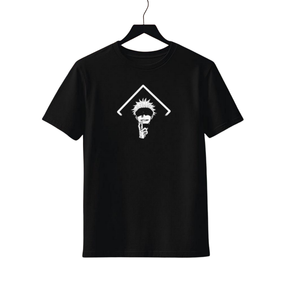 Goju Saturo Black t-shirt with a white graphic on a hanger against a white background