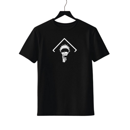 Goju Saturo Black t-shirt with a white graphic on a hanger against a white background