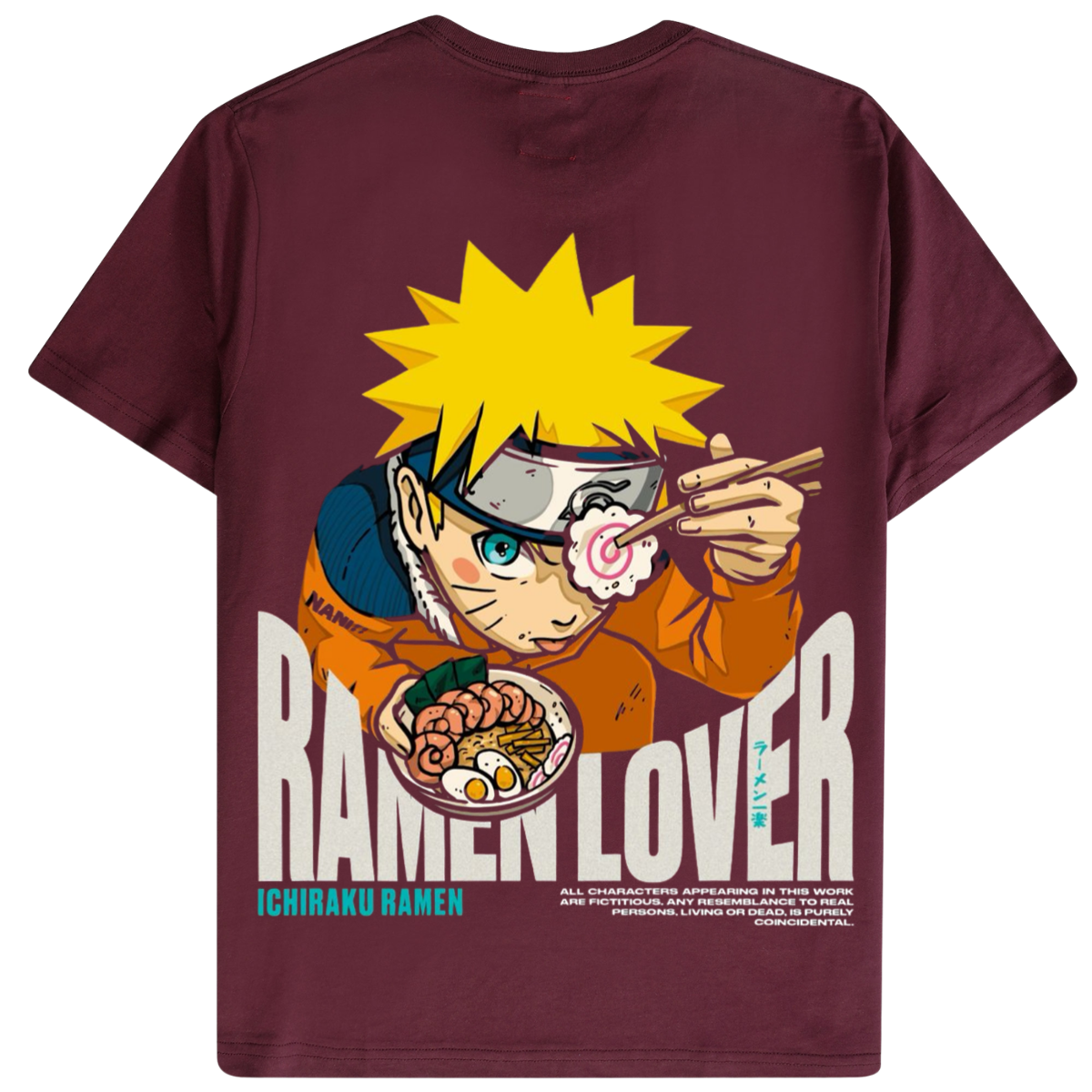 Maroon t-shirt with a graphic of Naruto eating ramen and 'Ramen Lover' text on a white background.