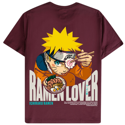 Maroon t-shirt with a graphic of Naruto eating ramen and 'Ramen Lover' text on a white background.