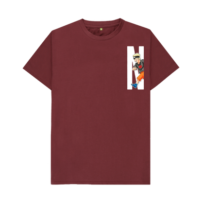 Maroon t-shirt with a graphic of Naruto on a white background