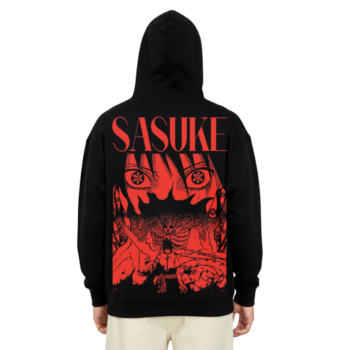 Black Sasuke Blade of Revenge Hoodie with bold red anime graphic and Sasuke text on back