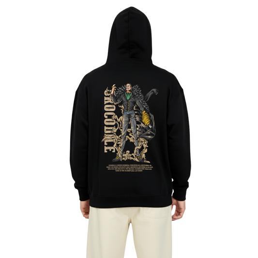 Black Sir Crocodile hoodie with detailed anime character graphic on back, streetwear fashion