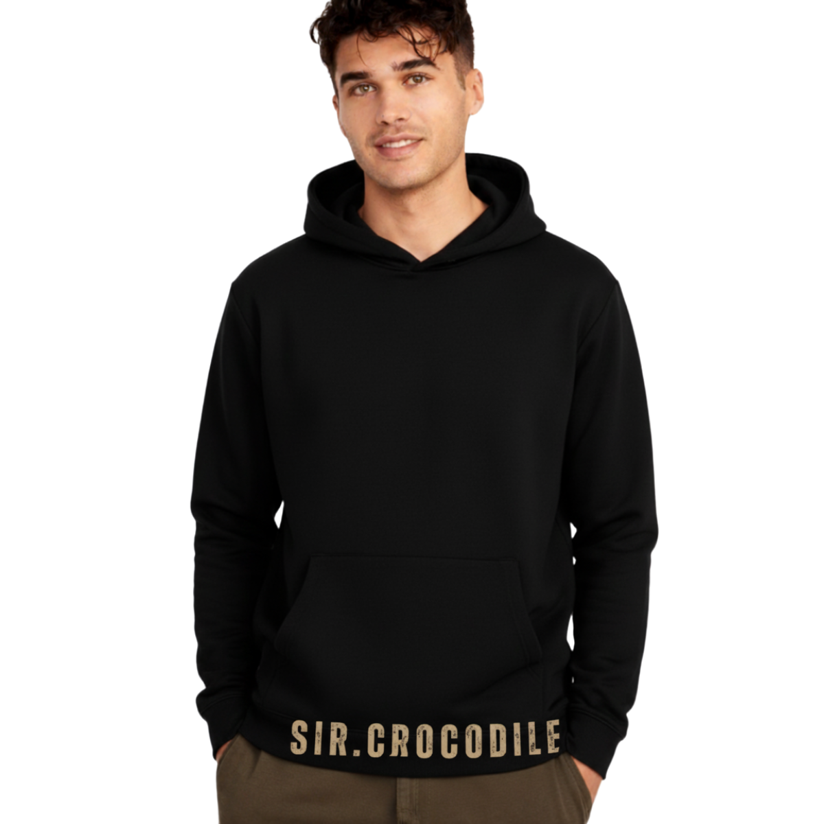Man wearing black Sir Crocodile black hoodie with front pocket and hood