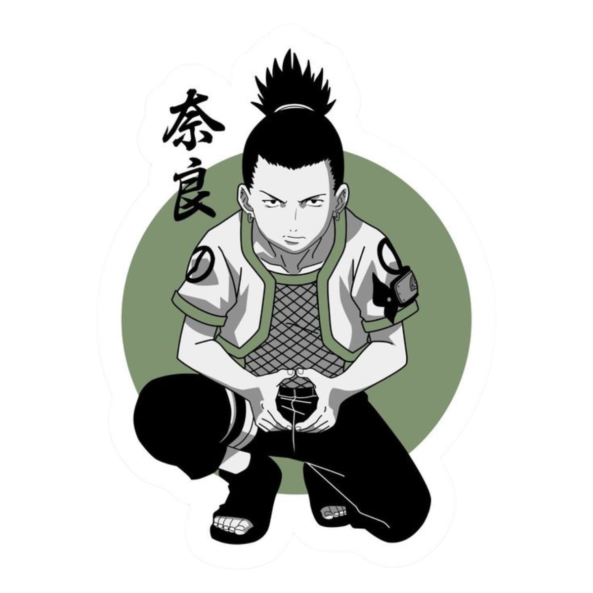 Animated character in a crouching position with a green circle and black text on a white background