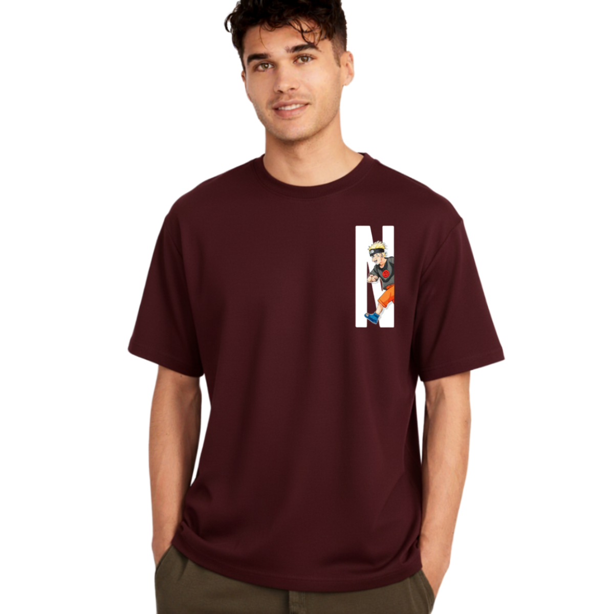 Man wearing a maroon NARUTO graphic t-shirt with Naruto character and large white N letter