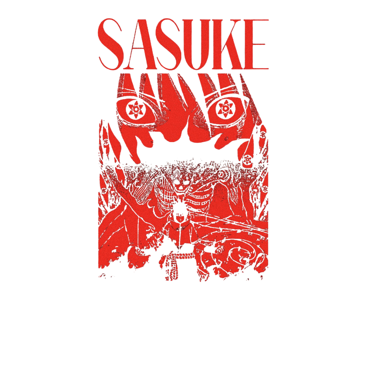 Red and white graphic with 'SASUKE' text on a white background