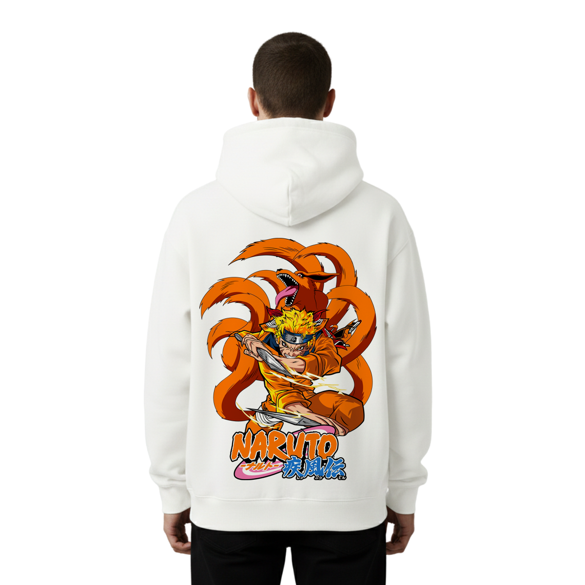Person wearing a white hoodie with Naruto graphic on the back