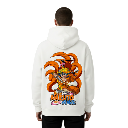 Person wearing a white hoodie with Naruto graphic on the back