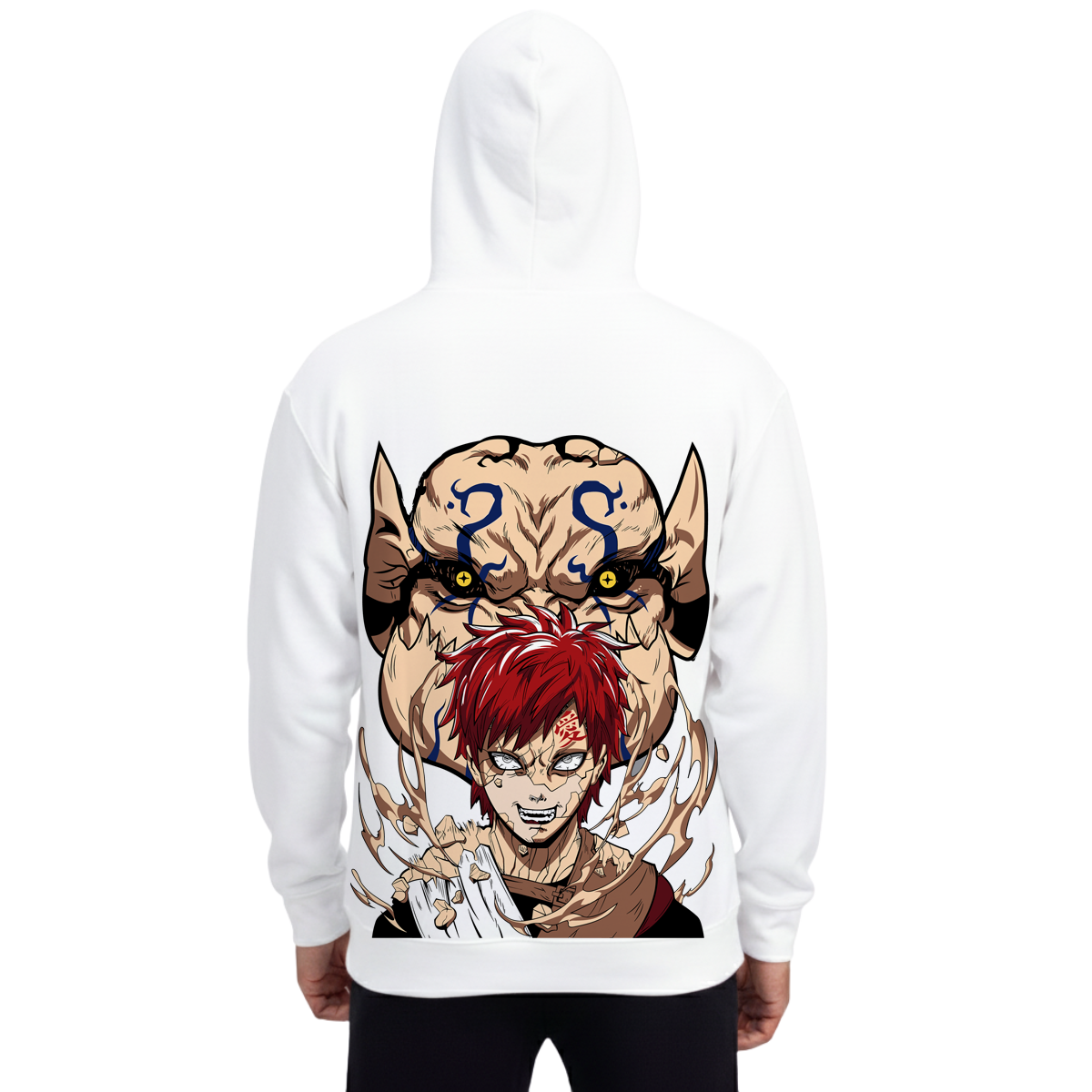 White hoodie featuring anime Gaara character with sand effects and demon face design on back