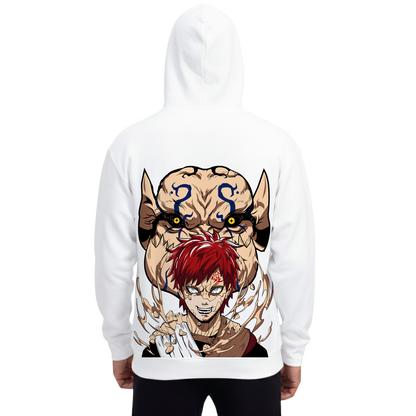 White hoodie featuring anime Gaara character with sand effects and demon face design on back