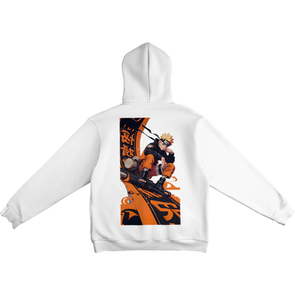 Naruto Uzumaki White hoodie with Naruto design on the back against a white background