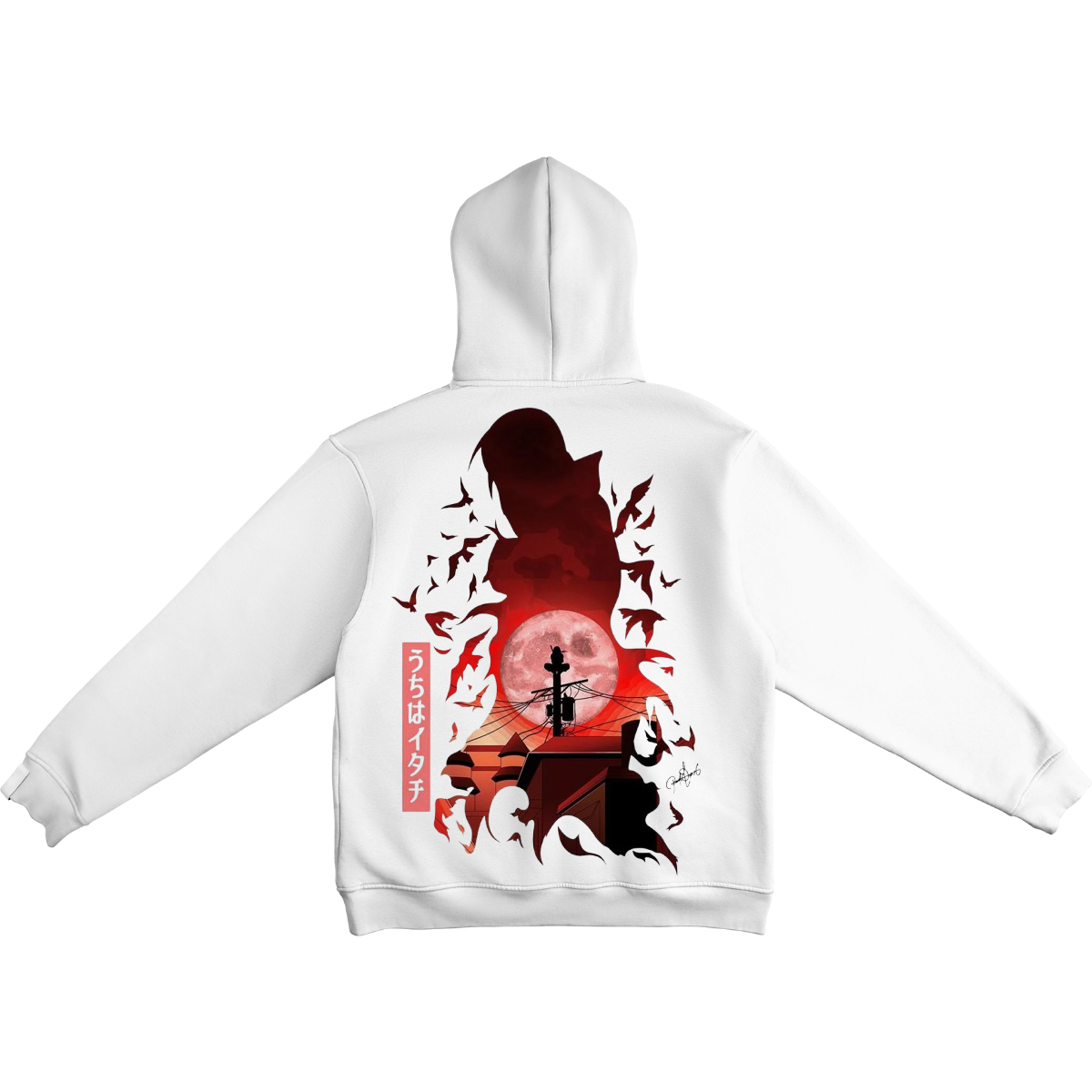 Itachi Uchicha White hoodie with black and red graphic design on a white background