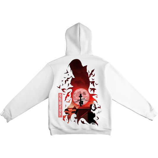 Itachi Uchicha White hoodie with black and red graphic design on a white background