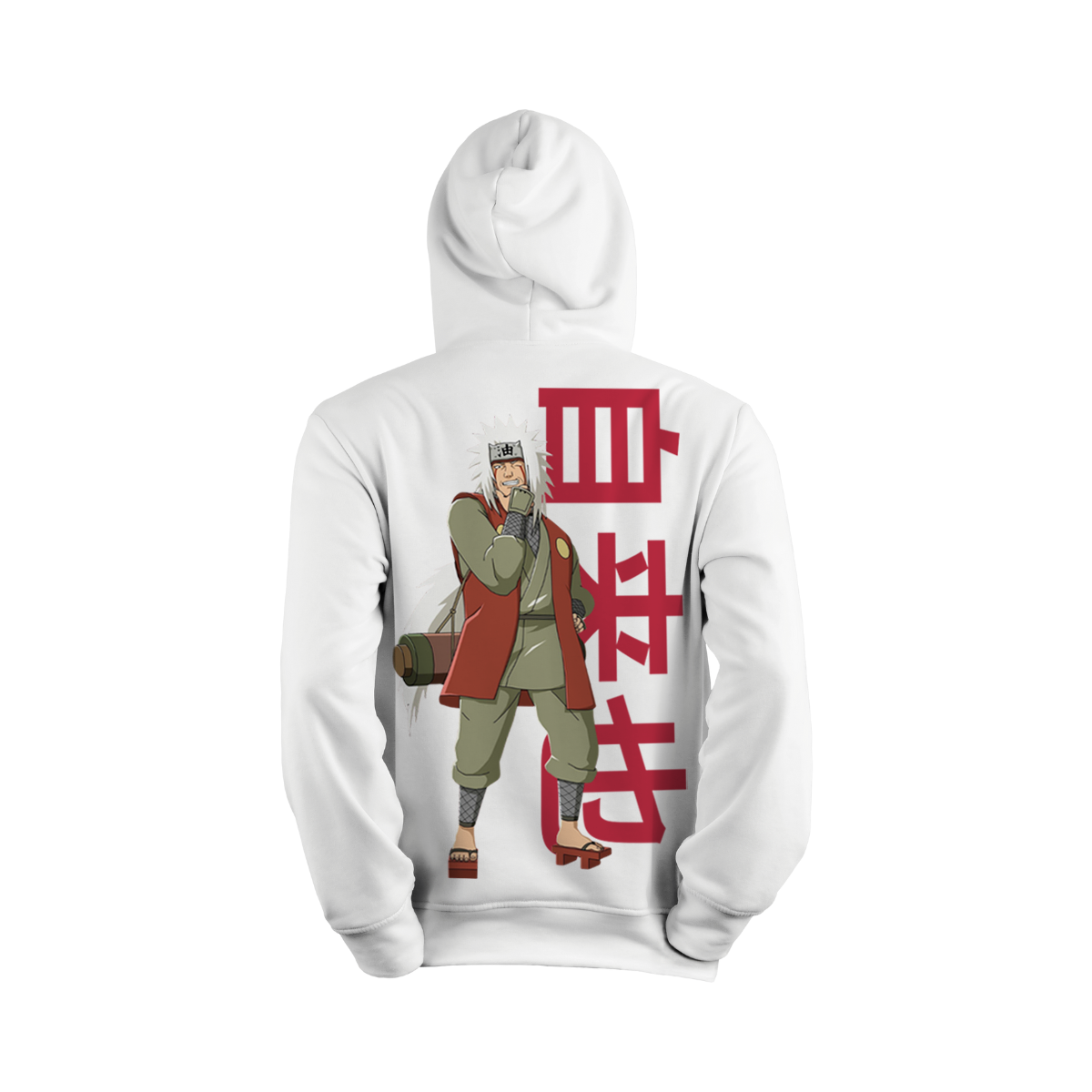 White hoodie with anime character and red text on a white background