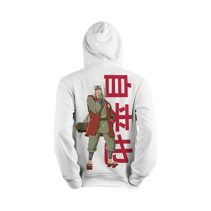 White hoodie with anime character and red text on a white background